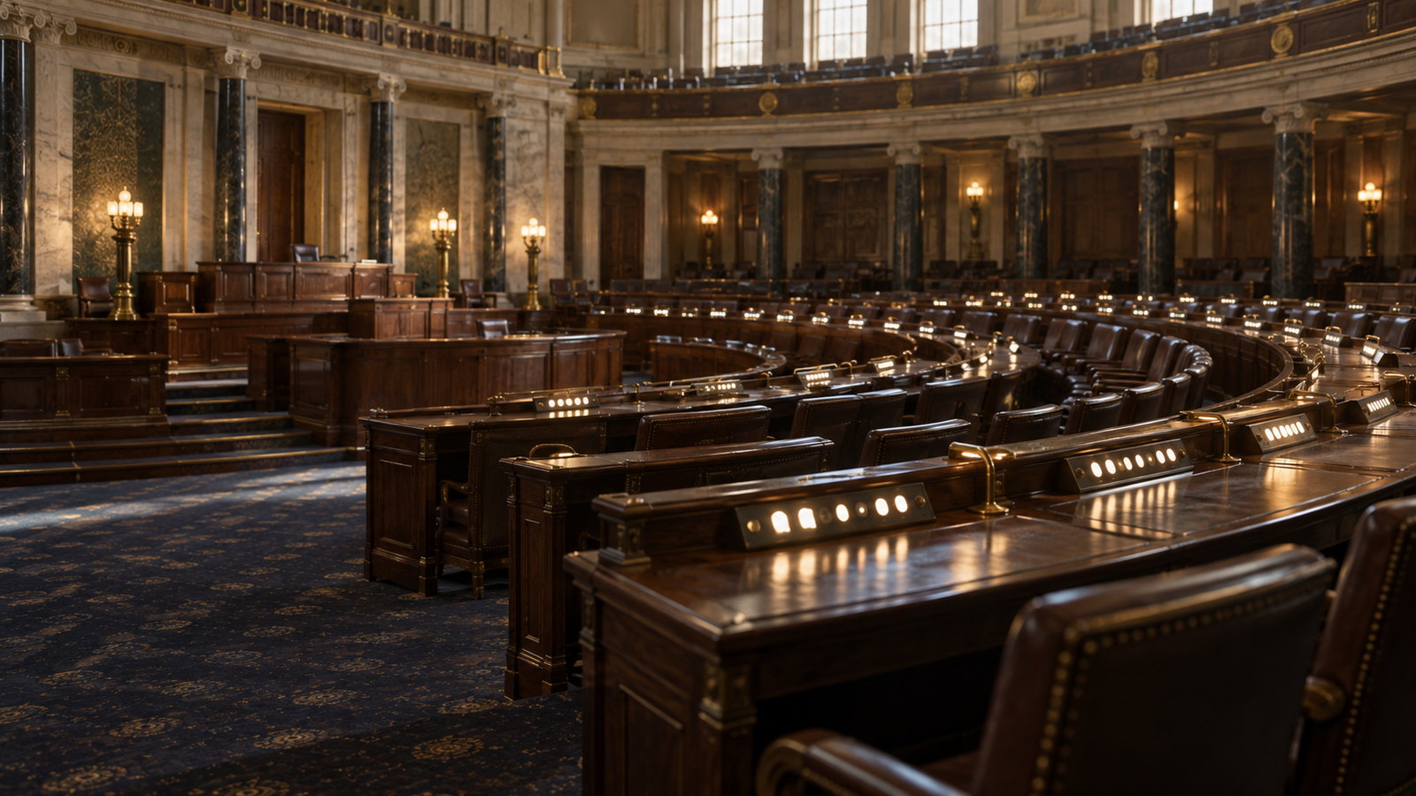 Illustrative empty legislative chamber as neutral vote indicators resolve a recorded outcome
