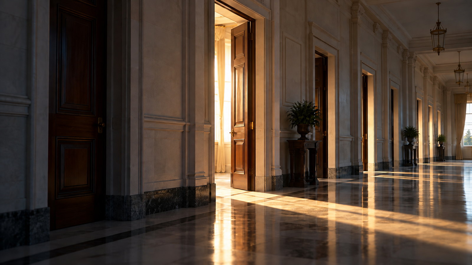 Illustrative executive-office thresholds illuminated in sequence at sunrise